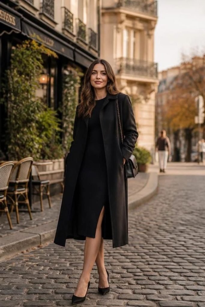 black-midi-dress-with-a-long-coat
