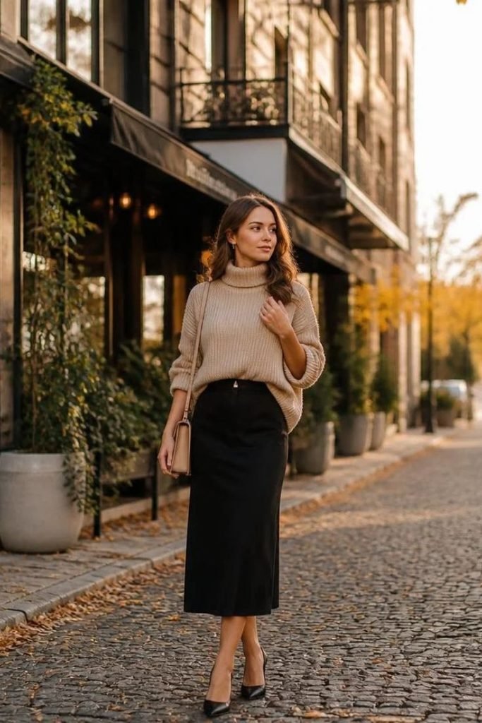 beige-sweater-with-a-black-midi-skirt