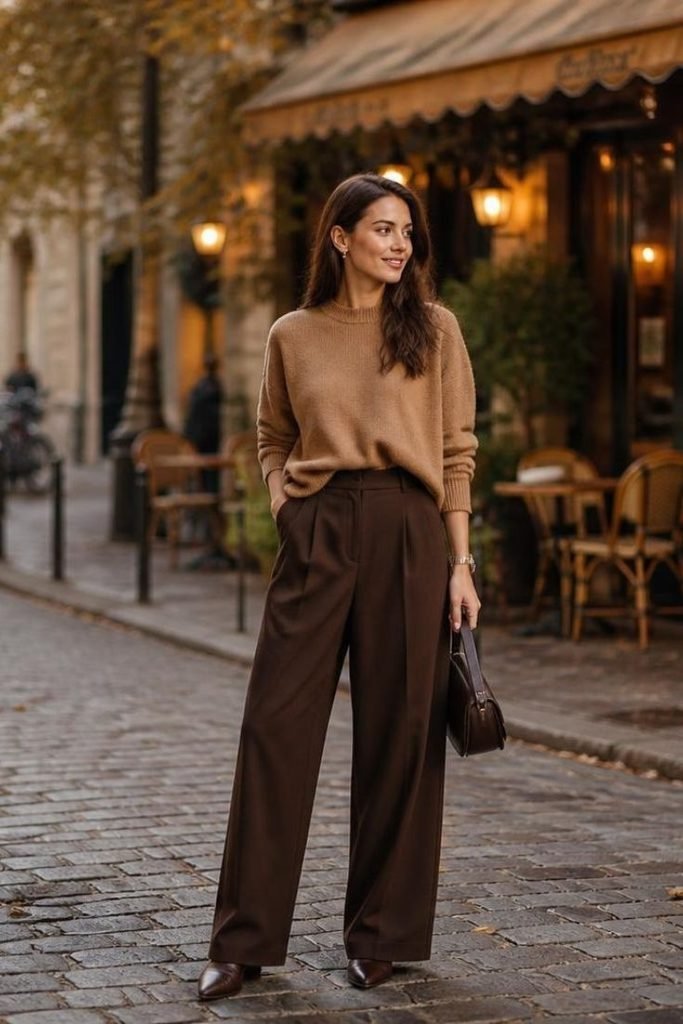 camel-sweater-with-dark-brown-trousers