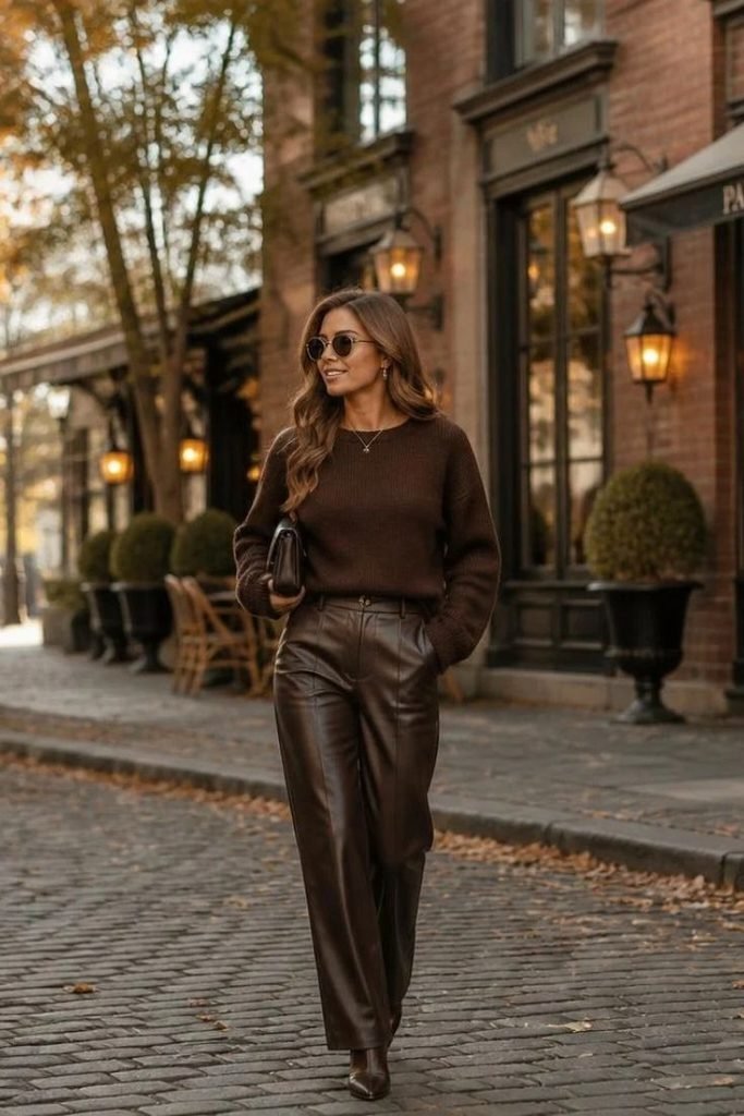 chocolate-brown-sweater-with-leather-pants