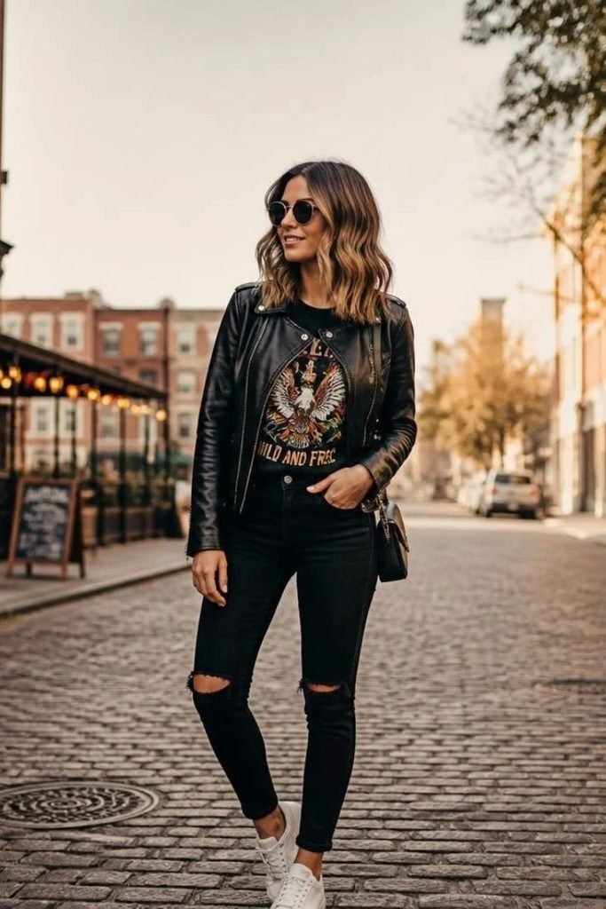 graphic-tee-with-a-leather-jacket