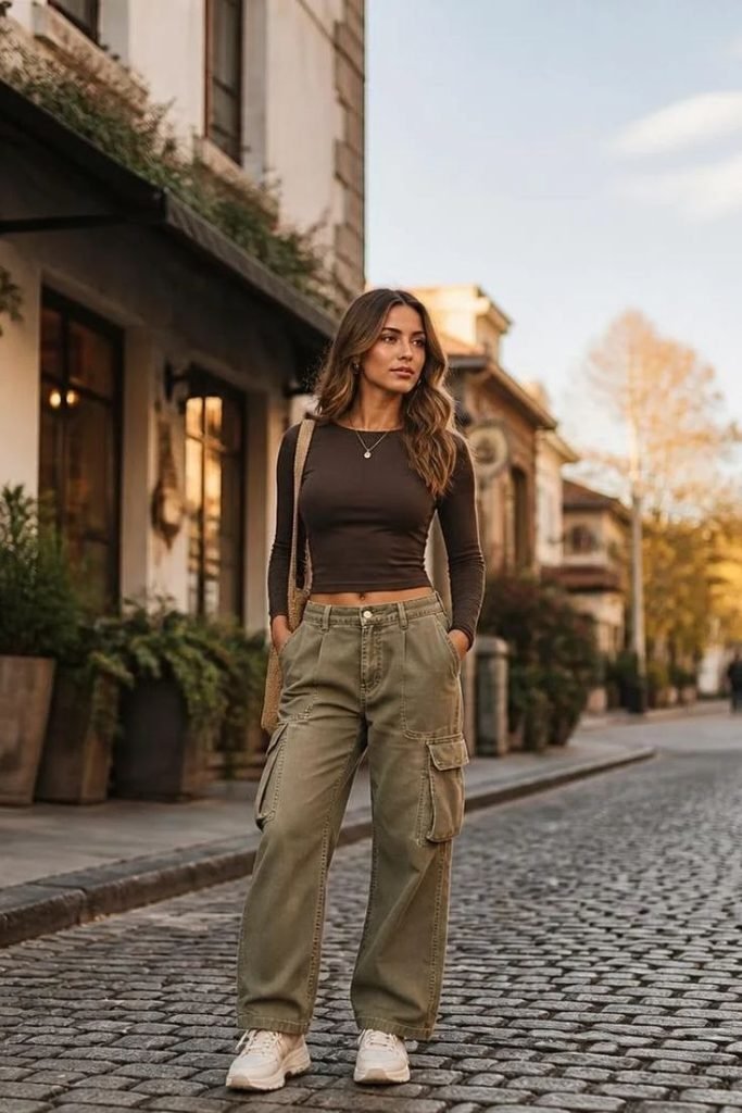 cargo-pants-with-a-fitted-long-sleeve-top