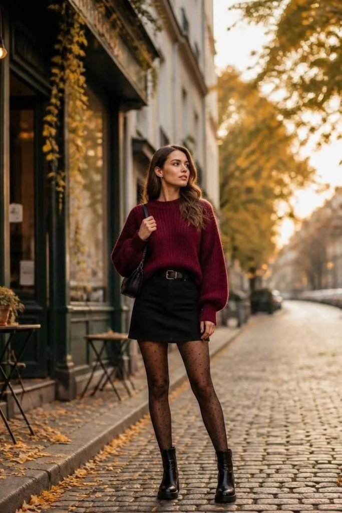burgundy-sweater-with-a-black-mini-skirt
