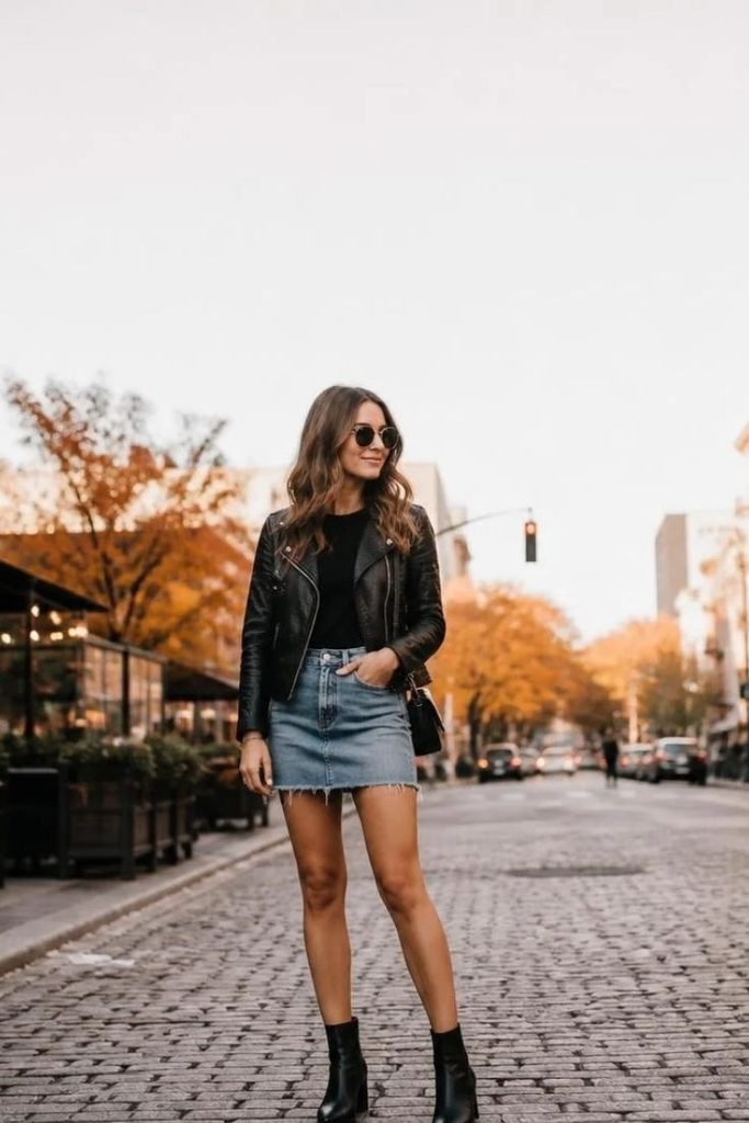 denim-mini-skirt-with-a-leather-jacket