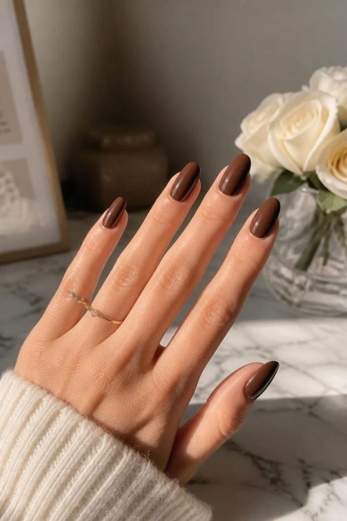 29 Best Cozy Fall Nail Ideas 2026: Chic, Warm & Trendy Autumn Manicures Glossy Chocolate Brown Nails