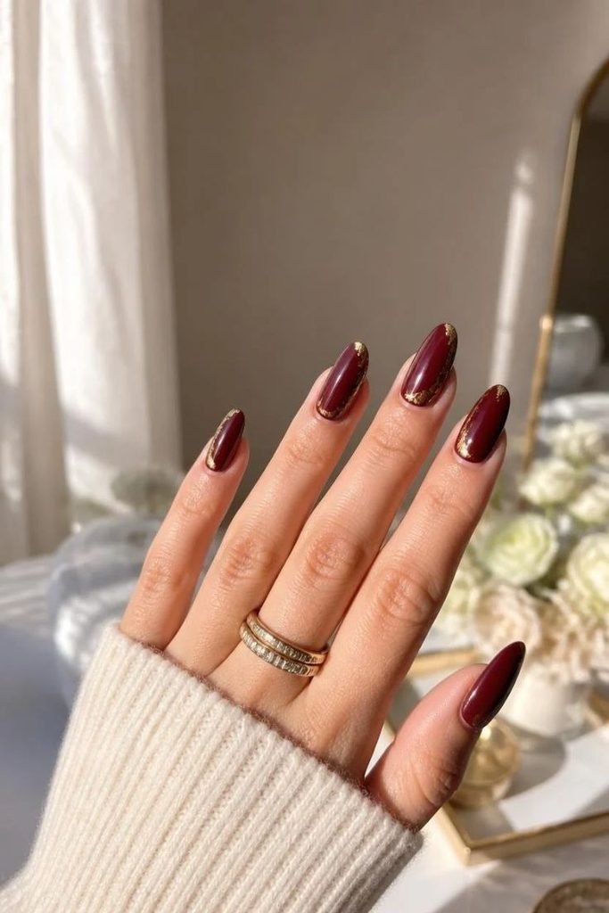 29 Best Cozy Fall Nail Ideas 2026: Chic, Warm & Trendy Autumn Manicures burgundy-and-gold-nails