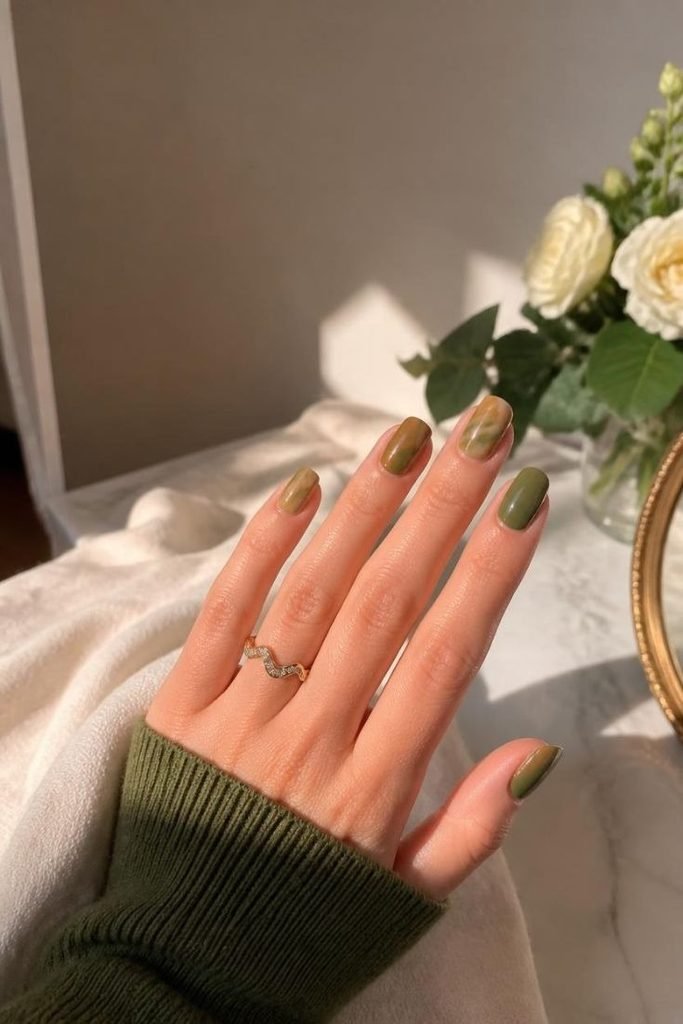 29 Best Cozy Fall Nail Ideas 2026: Chic, Warm & Trendy Autumn Manicures olive-green-and-caramel-nails