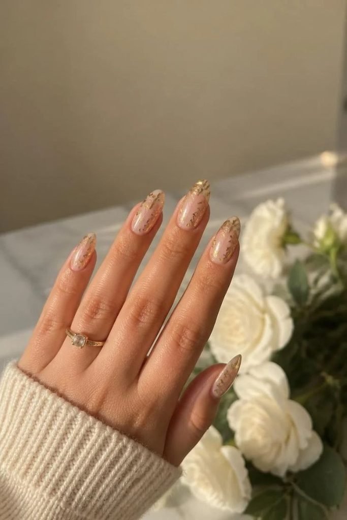 29 Best Cozy Fall Nail Ideas 2026: Chic, Warm & Trendy Autumn Manicures golden-leaf-nail-art
