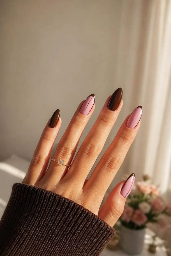 29 Best Cozy Fall Nail Ideas 2026: Chic, Warm & Trendy Autumn Manicures chocolate-and-pink-contrast-nails