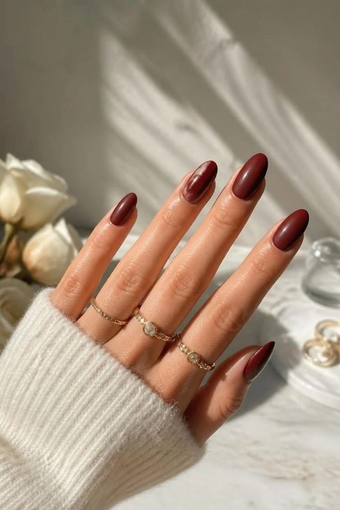 29 Best Cozy Fall Nail Ideas 2026: Chic, Warm & Trendy Autumn Manicures matte-burgundy-and-glossy-accents