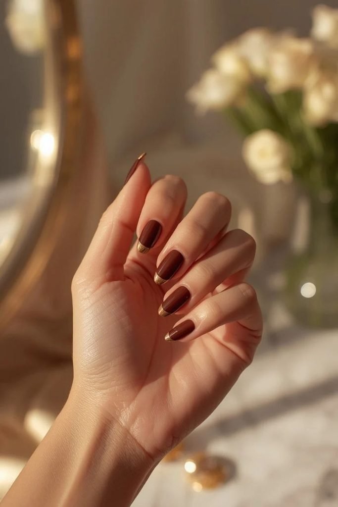 29 Best Cozy Fall Nail Ideas 2026: Chic, Warm & Trendy Autumn Manicures chocolate-brown-and-gold-french-tips
