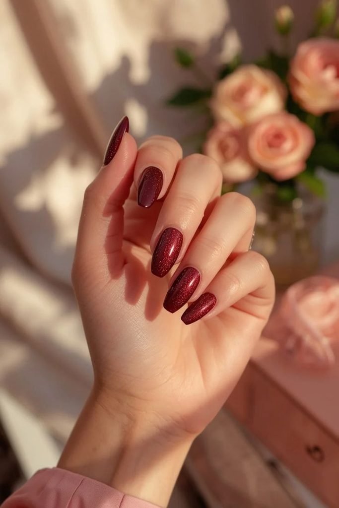 burgundy-glitter-nails