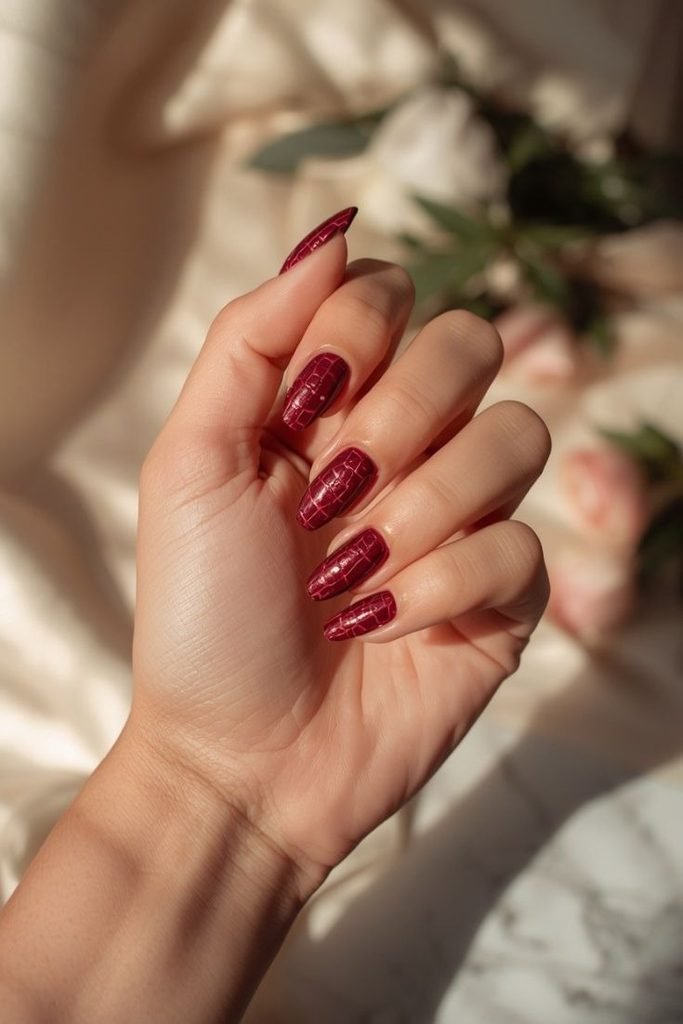 burgundy-crocodile-print-nails