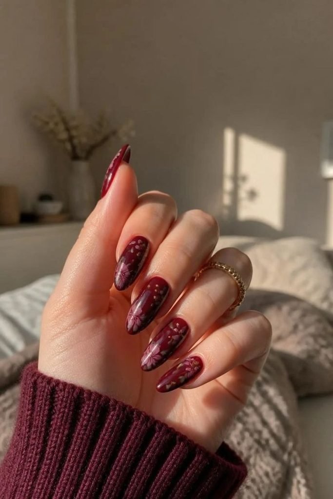 burgundy-floral-nails
