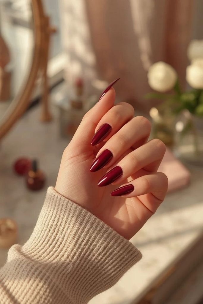 burgundy-almond-nails