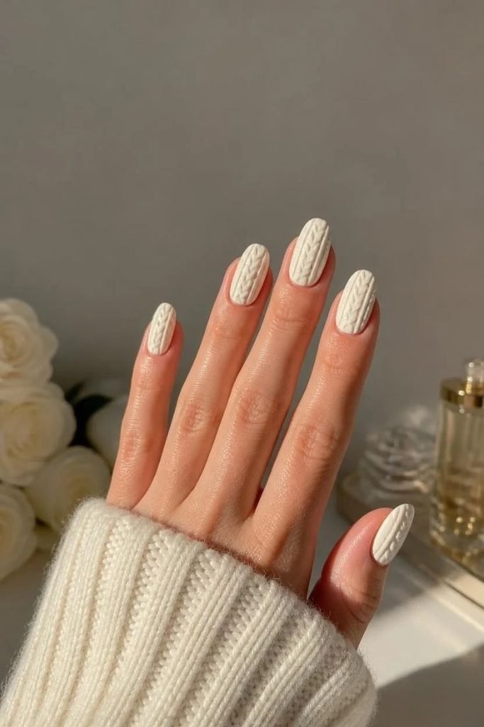 27 Best Fall Sweater Nail Designs 2026: Cozy, Chic & Trendy Knit-Inspired Manicures classic-cream-cable-knit-nails