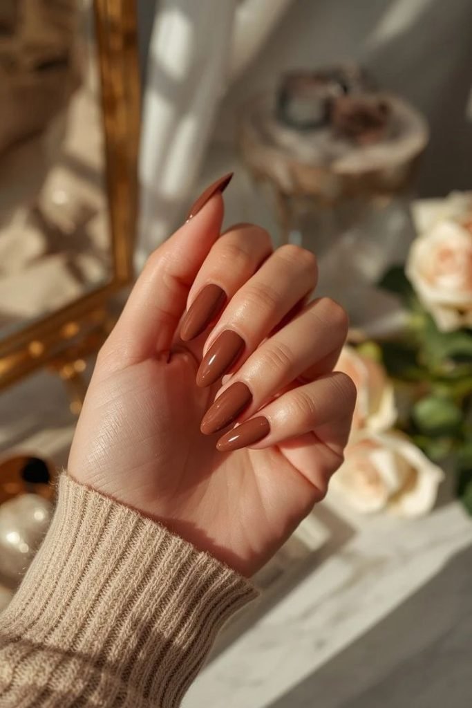 27 Best Fall Sweater Nail Designs 2026: Cozy, Chic & Trendy Knit-Inspired Manicures chocolate-brown-sweater-nails