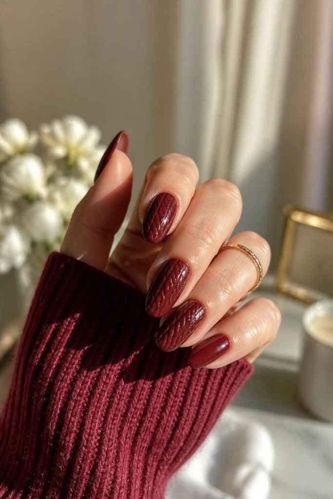 27 Best Fall Sweater Nail Designs 2026: Cozy, Chic & Trendy Knit-Inspired Manicures burgundy-knit-nail-art