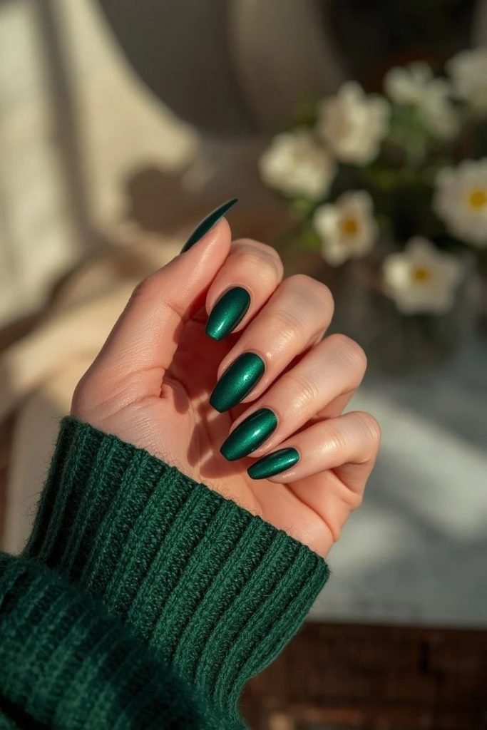 27 Best Fall Sweater Nail Designs 2026: Cozy, Chic & Trendy Knit-Inspired Manicures forest-green-sweater-nails