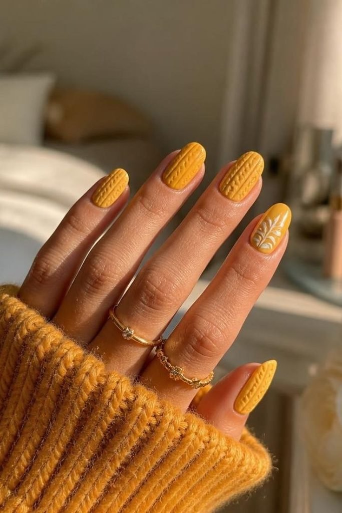 27 Best Fall Sweater Nail Designs 2026: Cozy, Chic & Trendy Knit-Inspired Manicures mustard-yellow-knit-nails