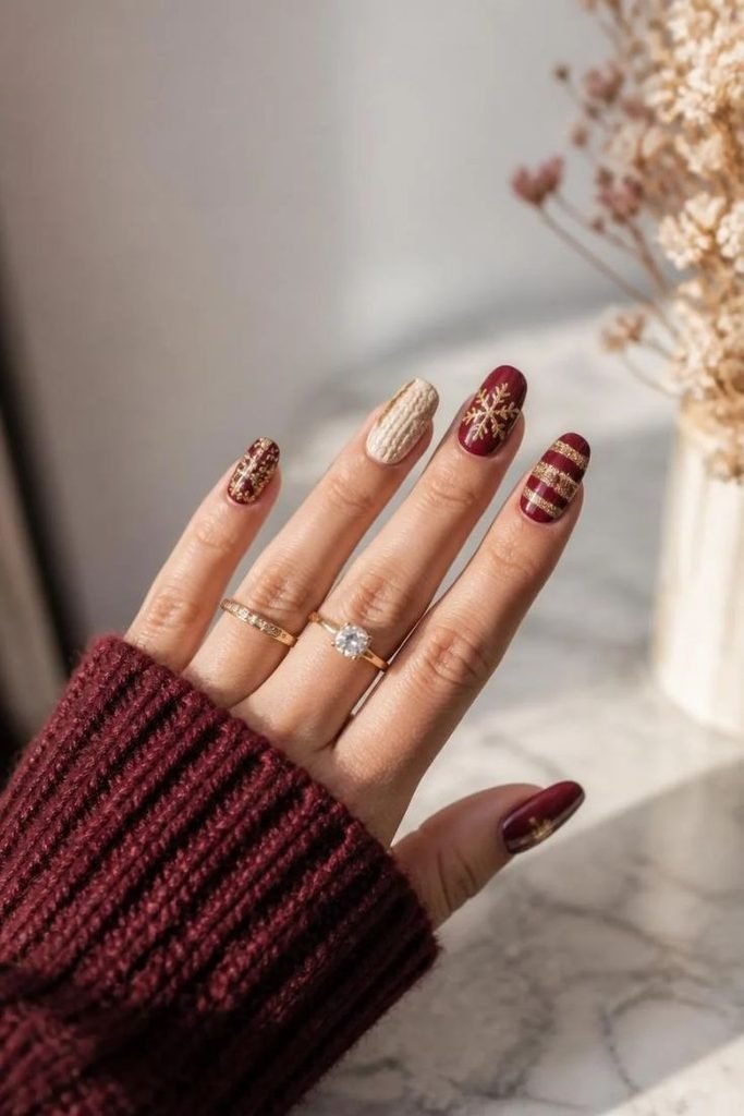 27 Best Fall Sweater Nail Designs 2026: Cozy, Chic & Trendy Knit-Inspired Manicures burgundy-and-gold-sweater-nails
