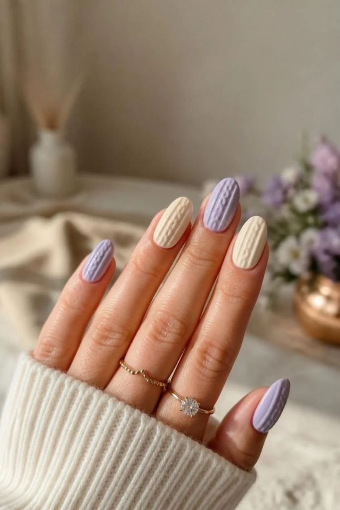 27 Best Fall Sweater Nail Designs 2026: Cozy, Chic & Trendy Knit-Inspired Manicures lavender-and-cream-knit-nails