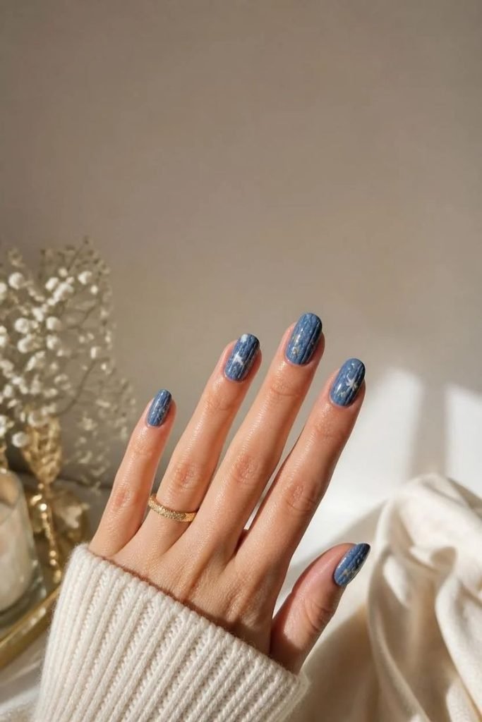 27 Best Fall Sweater Nail Designs 2026: Cozy, Chic & Trendy Knit-Inspired Manicures blue-sweater-nails-with-star-patterns