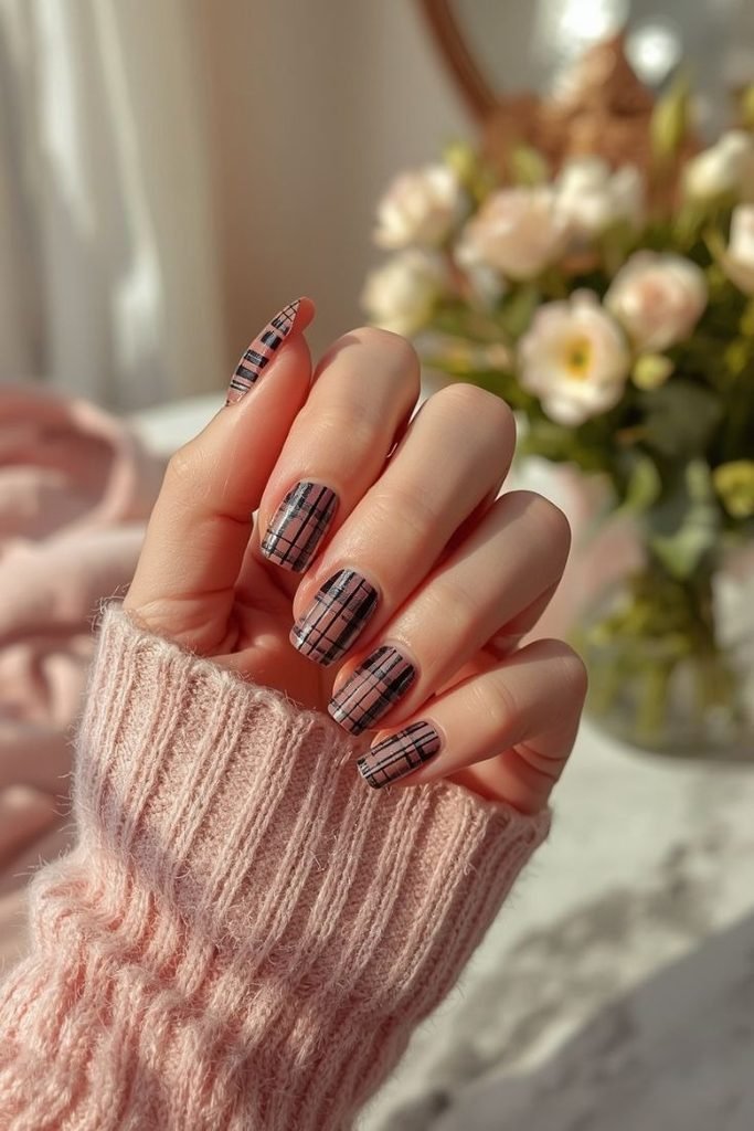 27 Best Fall Sweater Nail Designs 2026: Cozy, Chic & Trendy Knit-Inspired Manicures hazy-plaid-sweater-nails
