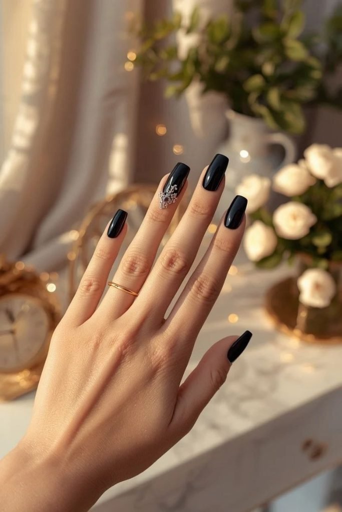 black-nails-with-silver-chrome