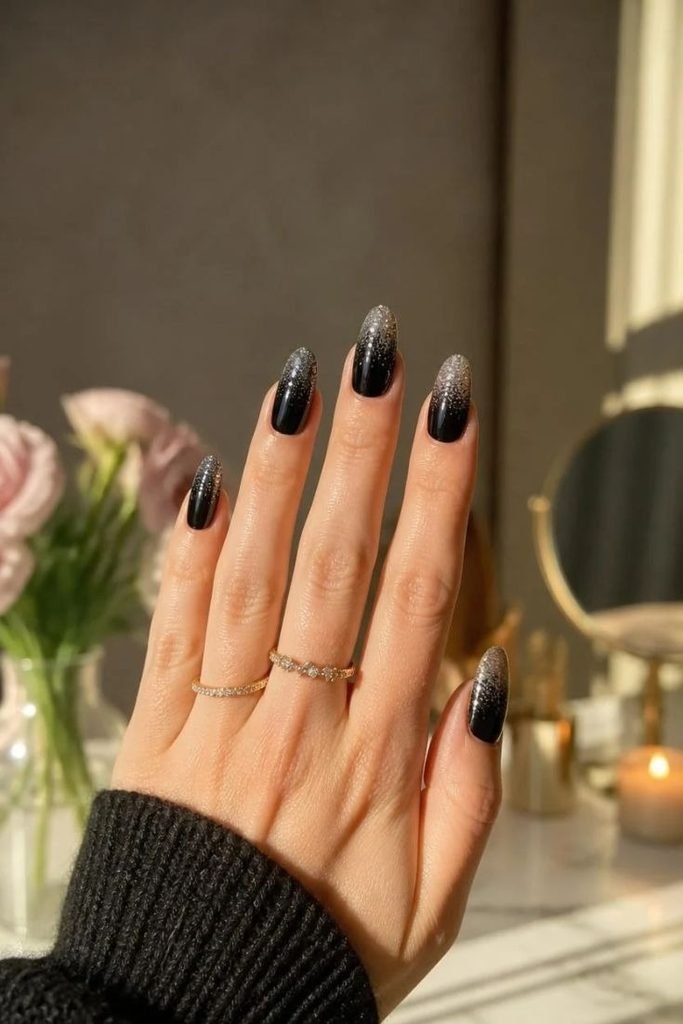 black-nails-with-glitter-ombre