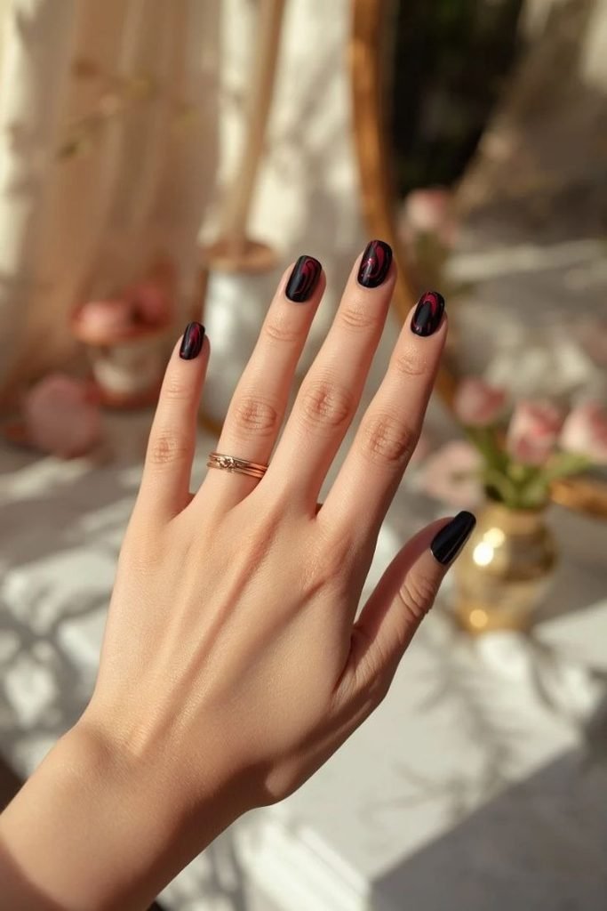 black-and-burgundy-swirl-nails