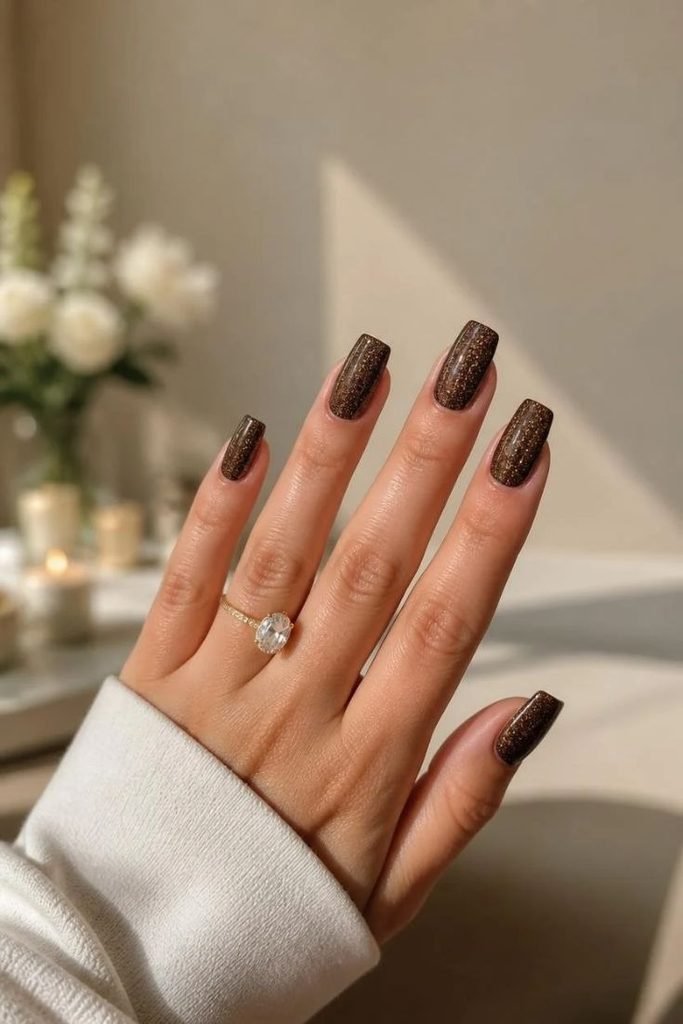 dark-brown-glitter-nails