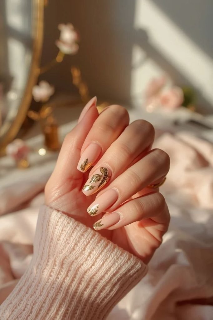 nude-nails-with-gold-foil-leaves
