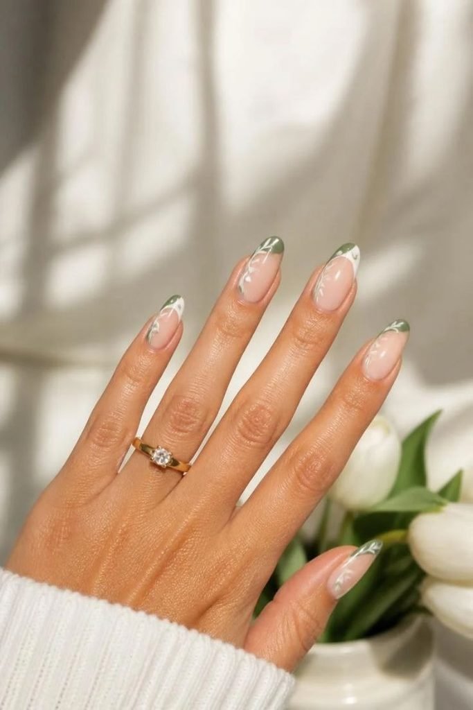 sage-and-white-leaf-french-manicure