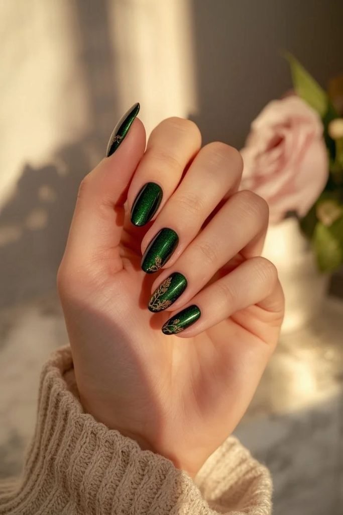 dark-green-and-gold-botanical-nails