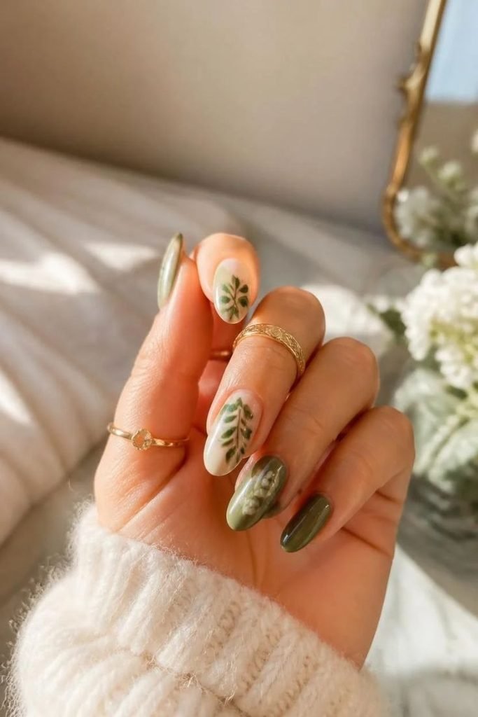 mixed-green-leaf-nails